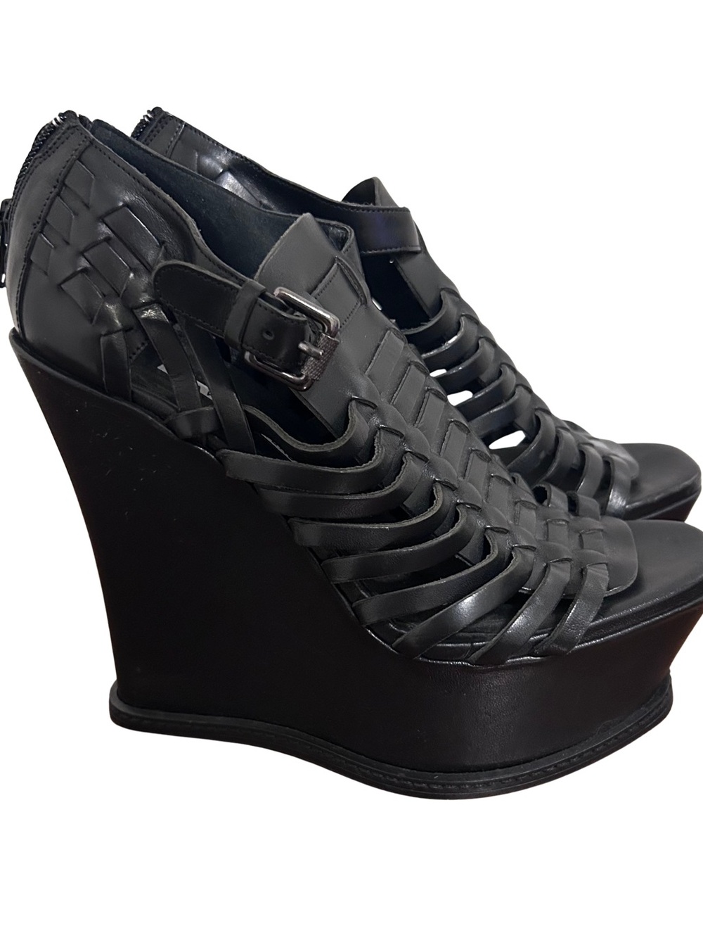 Vera Wang Lavender Label Black Woven Leather Wedge Platform Sandals Punk Sz 8